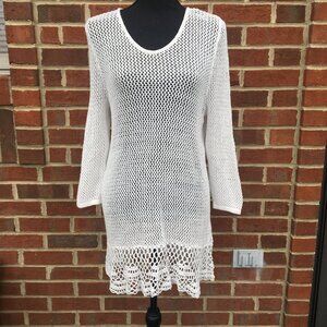 Chicos Travelers Collection Tunic Top Size 3/LG White Crochet Open Knit Beach